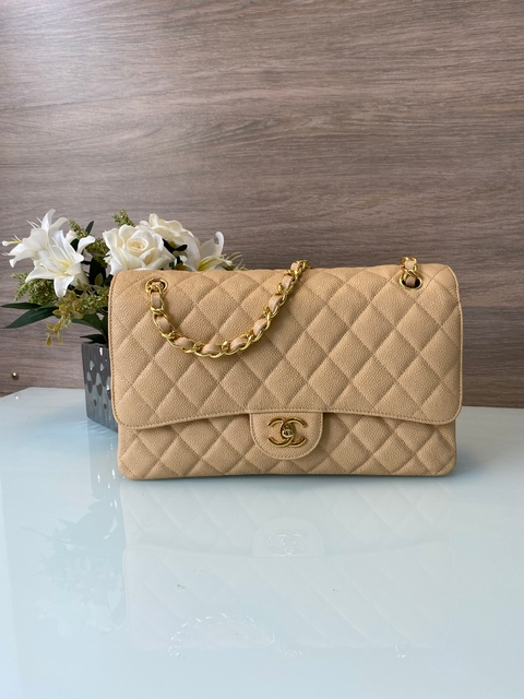 Bolsa Jumbo Bege  Caviar com Dourado