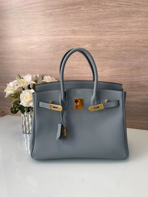 Bolsa Hermès Birkin 30 Azul Claro/Dourado